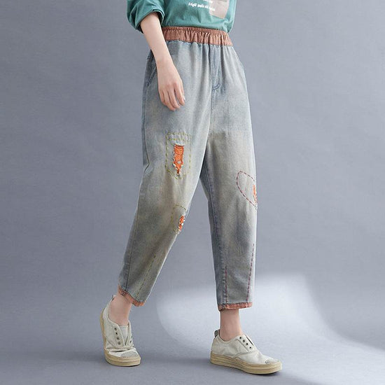 Pantalon sarouel en denim à trous contrastés pour femme - Droxev