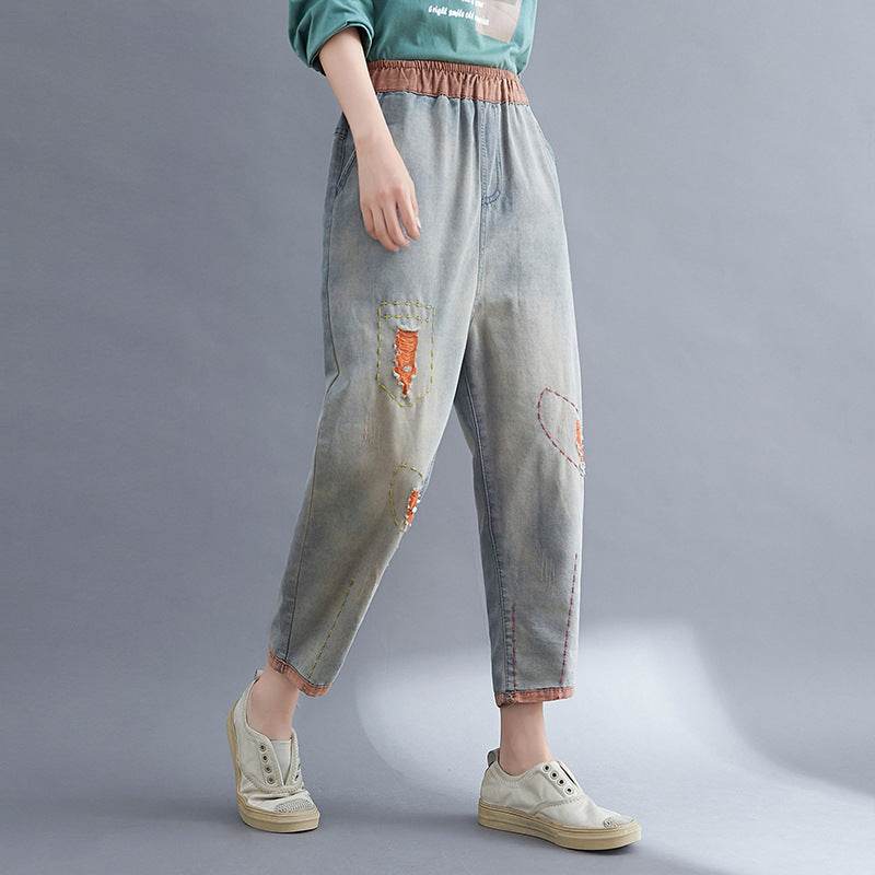 Pantalon sarouel en denim à trous contrastés pour femme - Droxev
