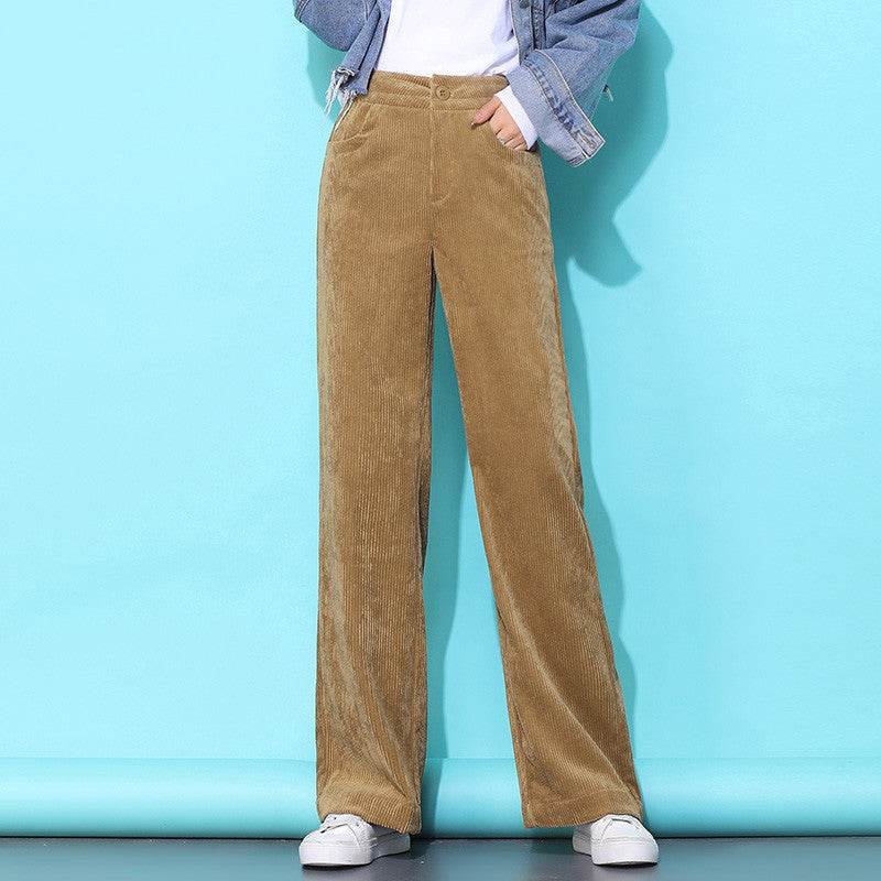 Pantalon ample décontracté en velours côtelé taille haute à jambes larges - Droxev