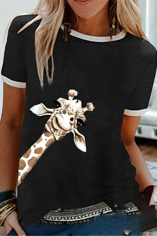 T-shirt ras du cou à manches courtes et imprimé girafe, couleur unie, tendance européenne et américaine - Droxev