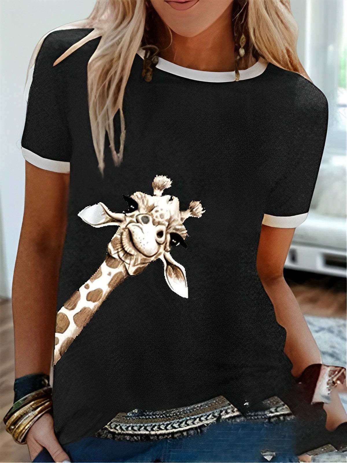 T-shirt ras du cou à manches courtes et imprimé girafe, couleur unie, tendance européenne et américaine - Droxev