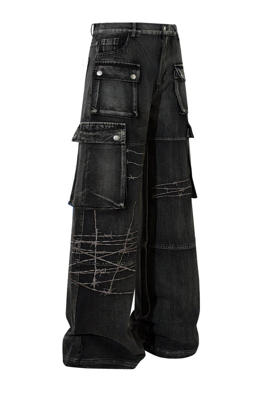 Pantalon ample brodé à jambes larges pour homme - Droxev