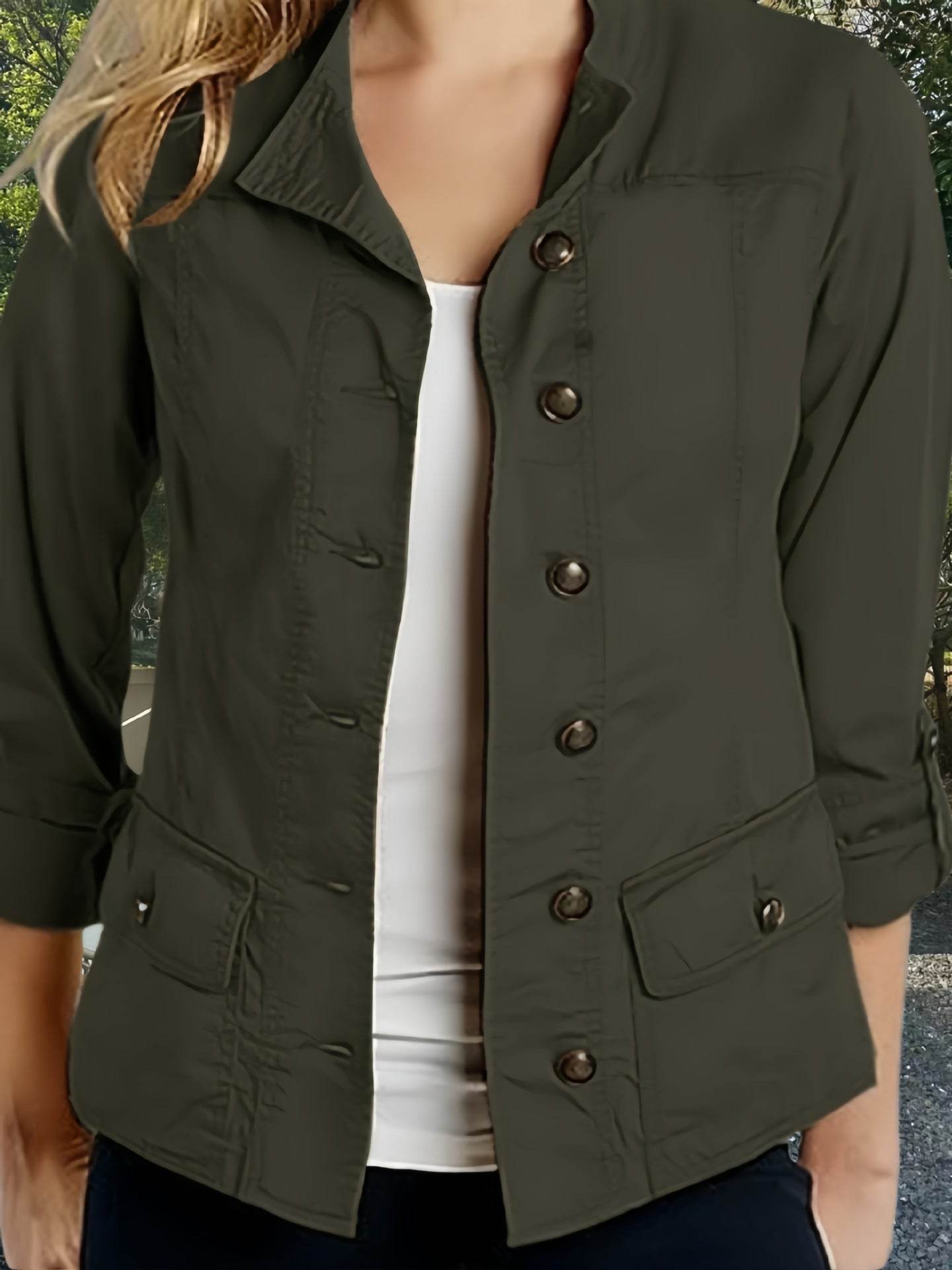 Veste décontractée à simple boutonnage et manches retroussables de couleur unie - Droxev