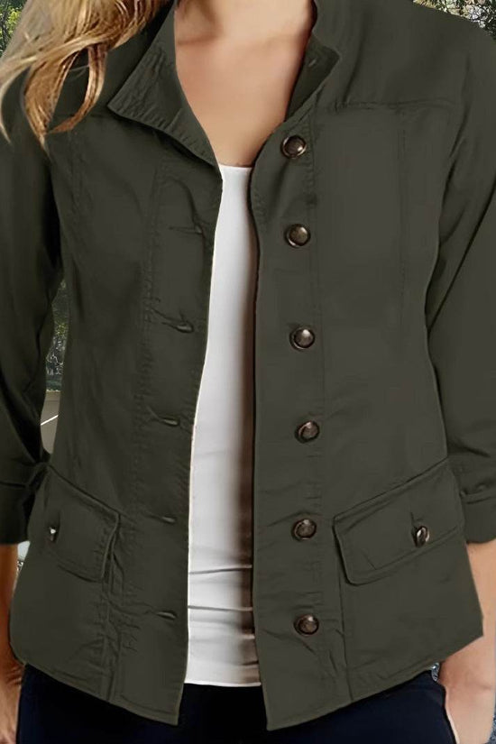 Veste décontractée à simple boutonnage et manches retroussables de couleur unie - Droxev