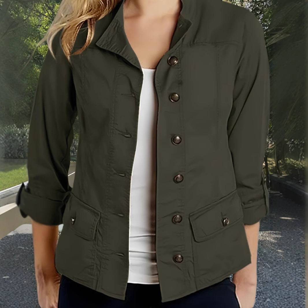 Veste décontractée à simple boutonnage et manches retroussables de couleur unie - Droxev