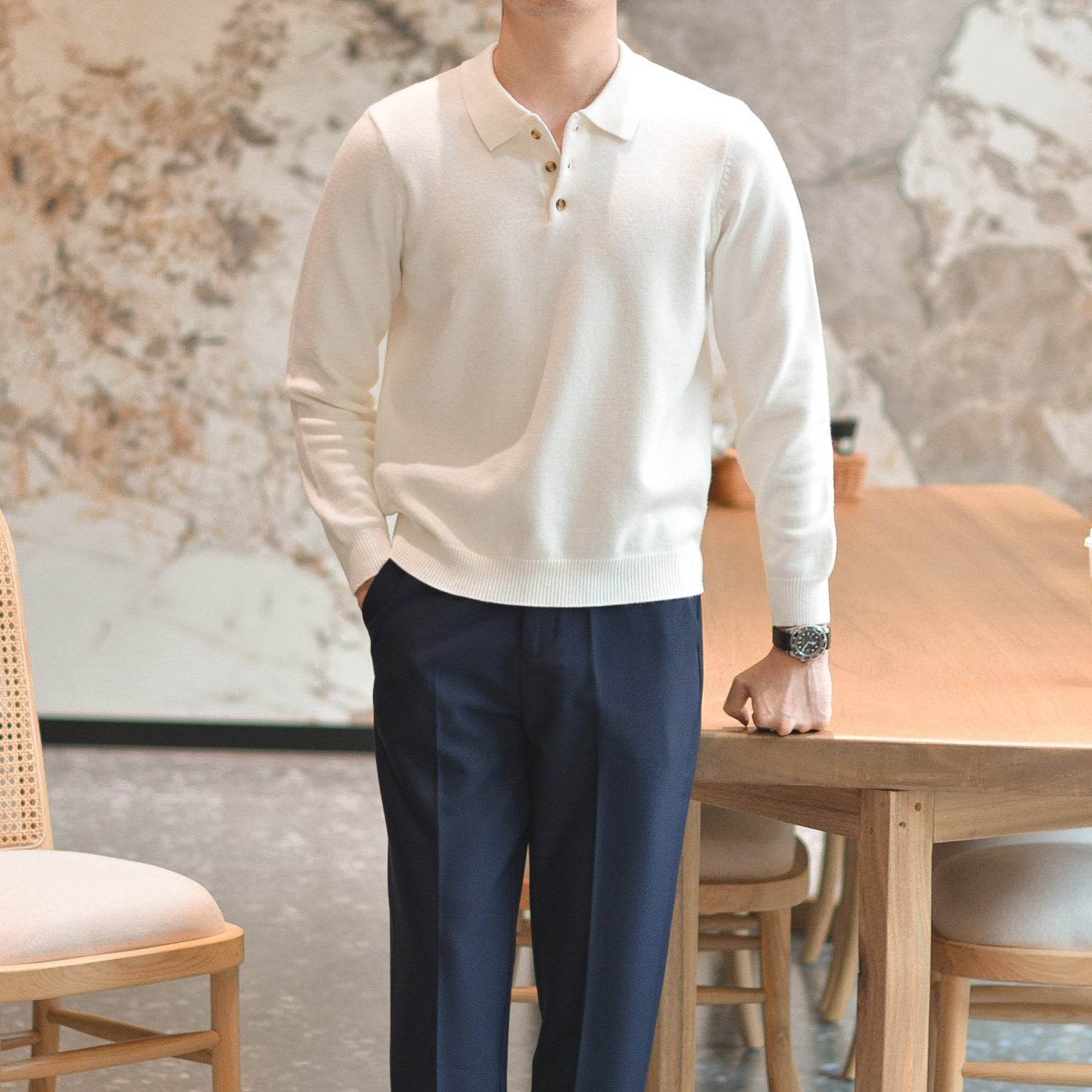 Chemise en tricot à revers vintage vert menthe pour hommes - Droxev
