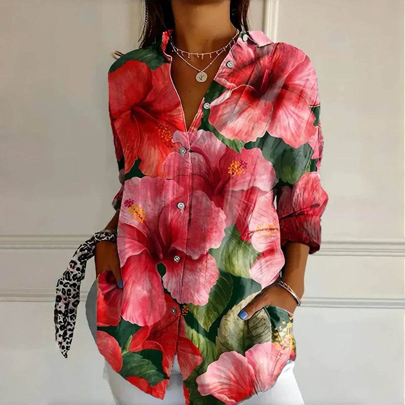 Chemise à manches longues pour femme, tendance estivale, imprimé 3D à motif floral - Droxev