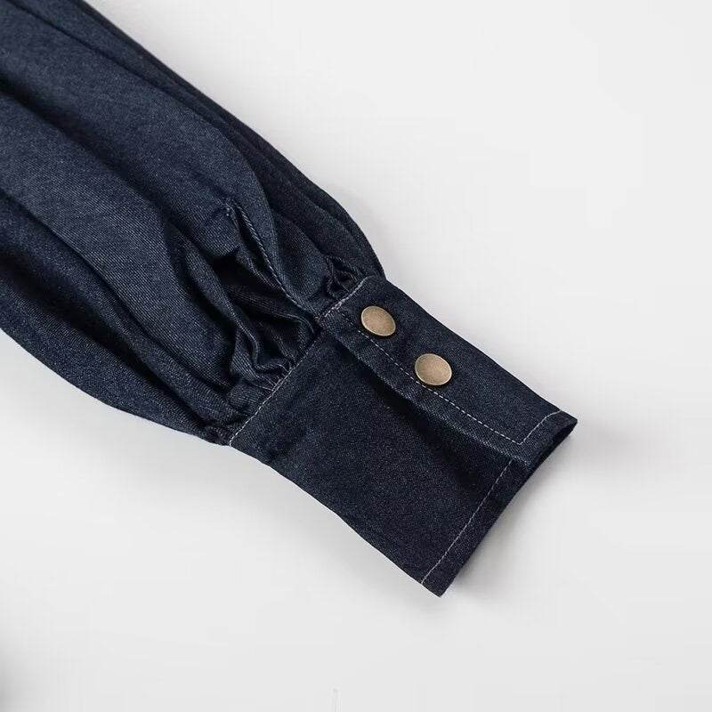 Chemise en jean décontractée à lacets et nœud bleu foncé - Droxev