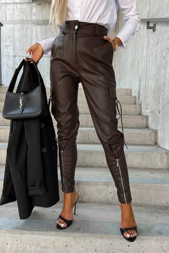 Pantalon slim en cuir PU avec poches, mode automne-hiver - Droxev
