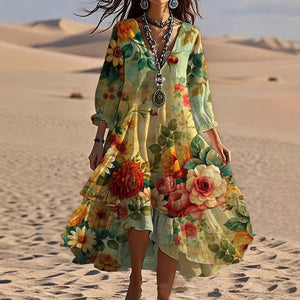 Robe mi-longue à imprimé floral et col en V