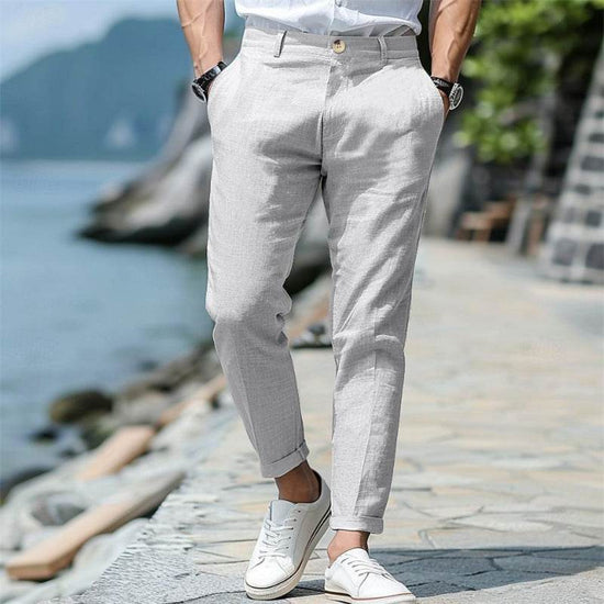 Pantalon d'été en lin pour homme, coupe droite, boutonné sur le devant, poches obliques - Droxev