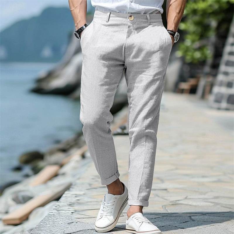 Pantalon d'été en lin pour homme, coupe droite, boutonné sur le devant, poches obliques - Droxev