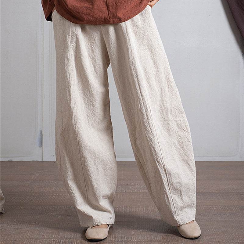 Pantalon sarouel large en coton et lin pour femme, simple et décontracté, taille élastique - Droxev