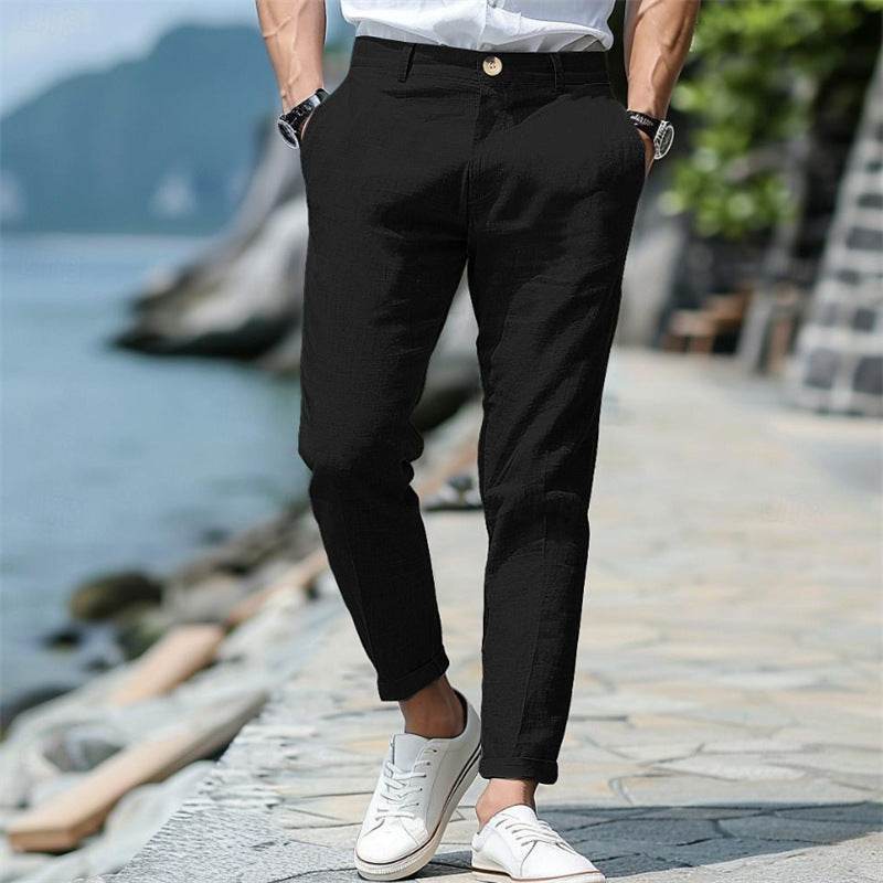Pantalon d'été en lin pour homme, coupe droite, boutonné sur le devant, poches obliques - Droxev