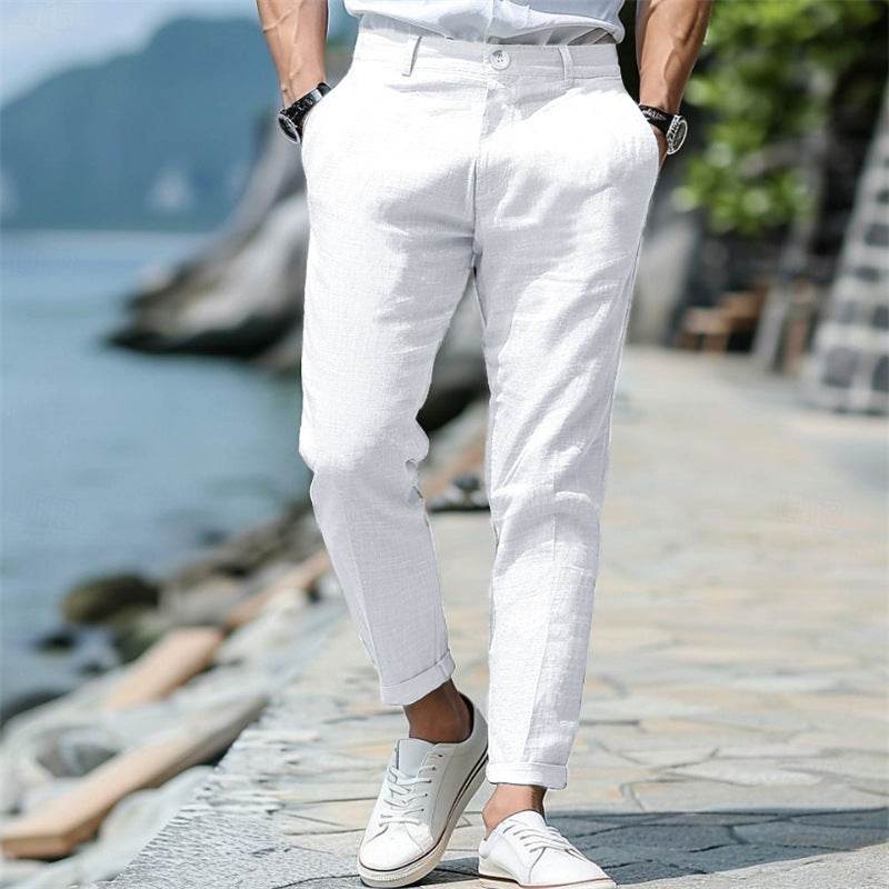 Pantalon d'été en lin pour homme, coupe droite, boutonné sur le devant, poches obliques - Droxev
