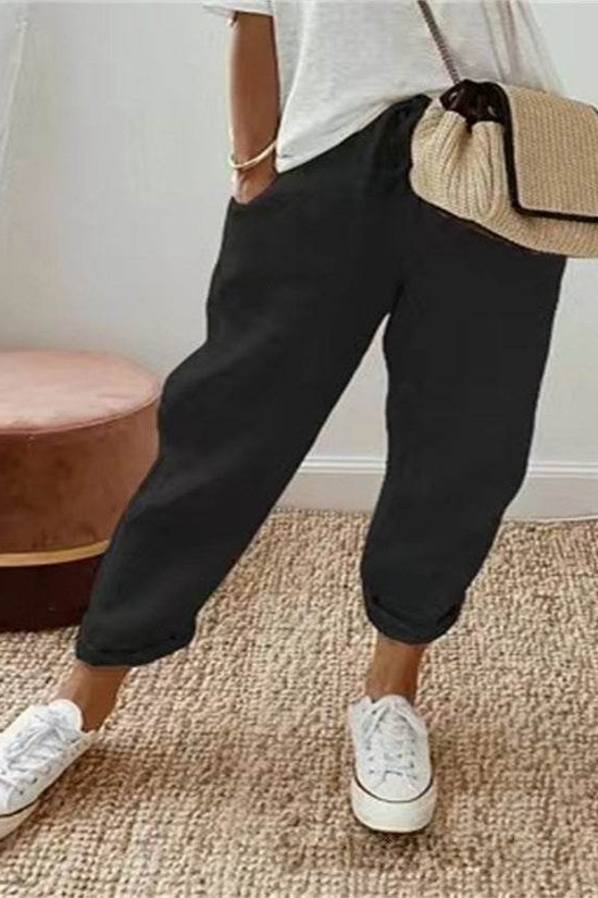 Pantalon court décontracté en coton et lin à taille élastique pour femme - Droxev