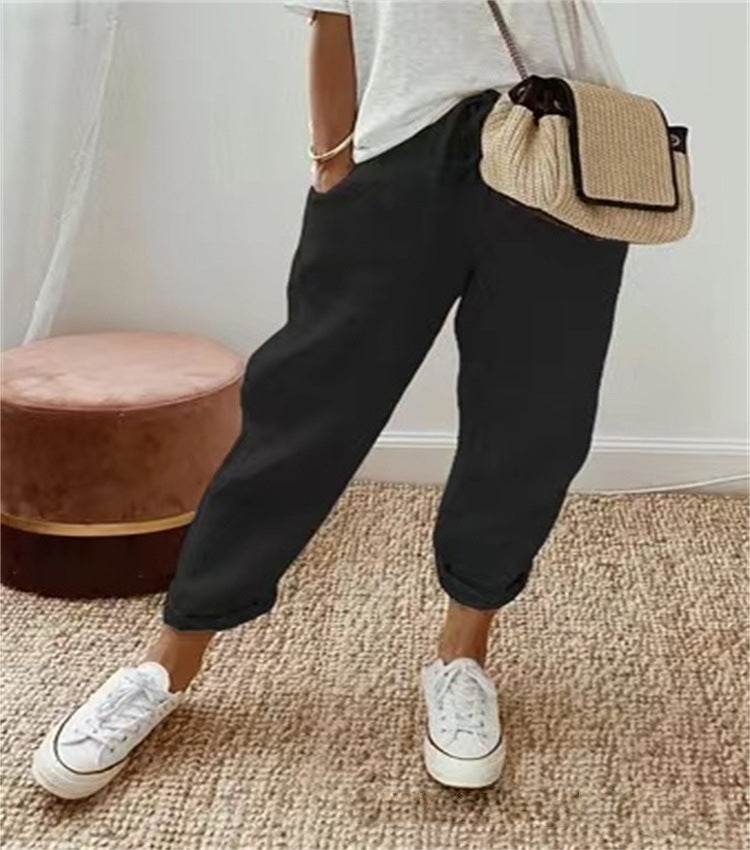 Pantalon court décontracté en coton et lin à taille élastique pour femme - Droxev