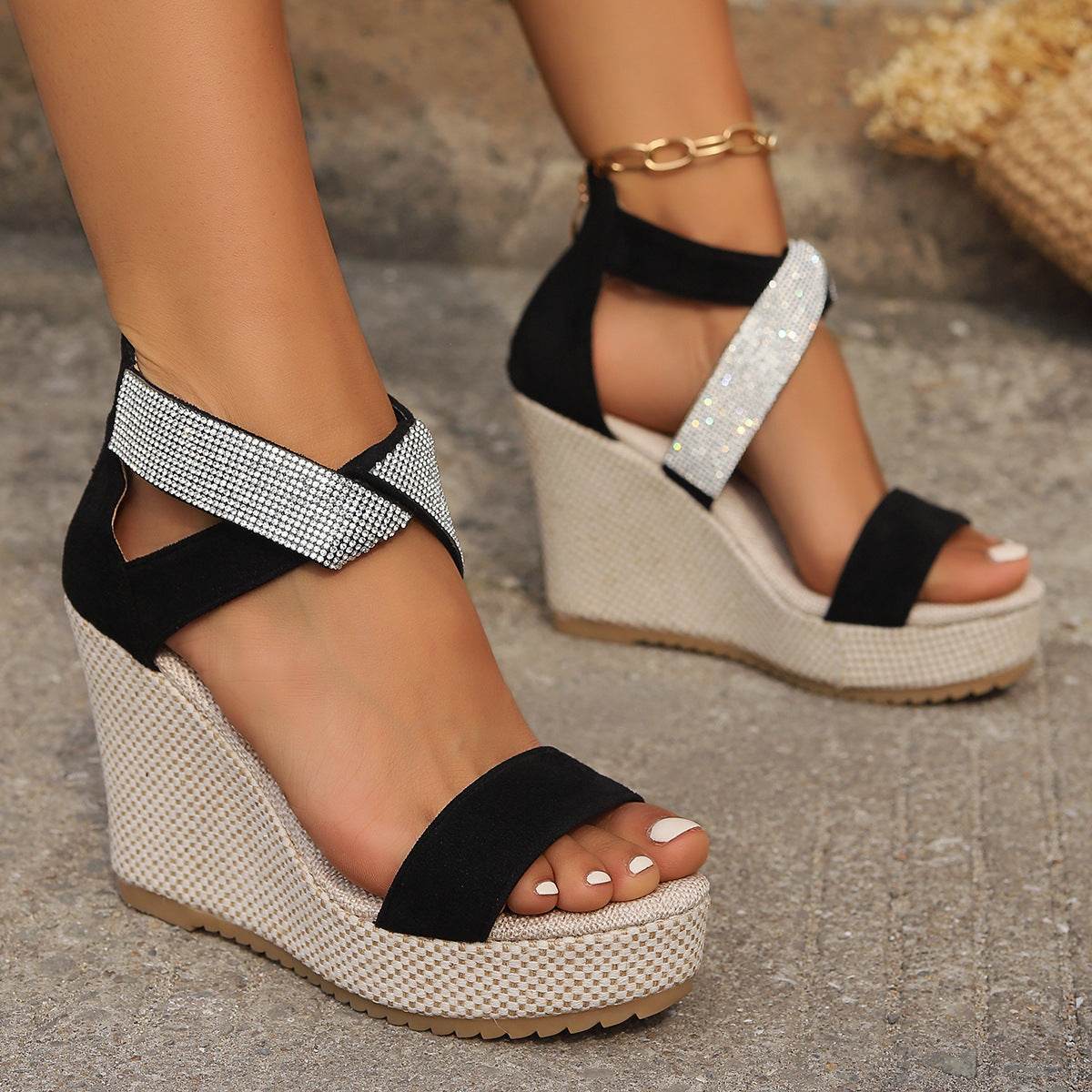 Sandales compensées hautes avec strass, chaussures d'été tendance pour femmes - Droxev