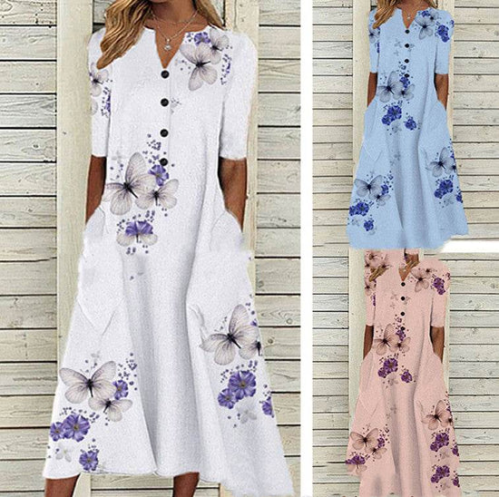 Robe longue décontractée ample à col en V et poches imprimées pour femme - Droxev