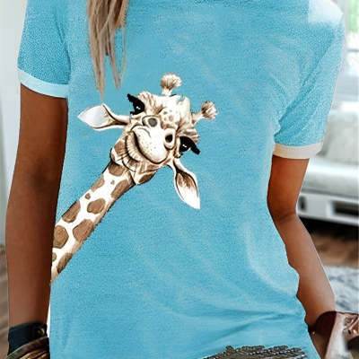 T-shirt ras du cou à manches courtes et imprimé girafe, couleur unie, tendance européenne et américaine - Droxev
