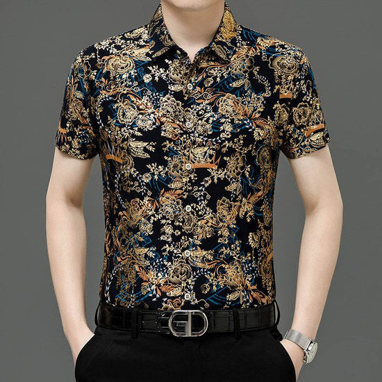 Chemise d'été imprimée à manches courtes pour homme d'âge moyen, en soie glacée extensible, pour loisirs - Droxev