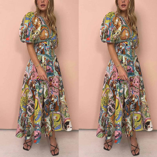 Robe décontractée en coton et lin imprimé pour femme, col en V, ourlet large - Droxev