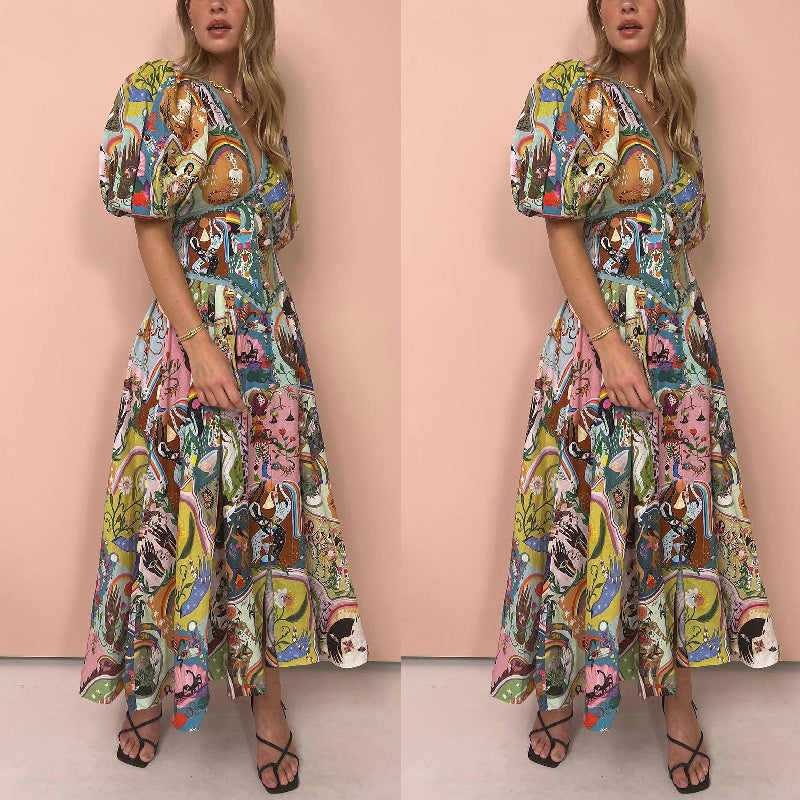 Robe décontractée en coton et lin imprimé pour femme, col en V, ourlet large