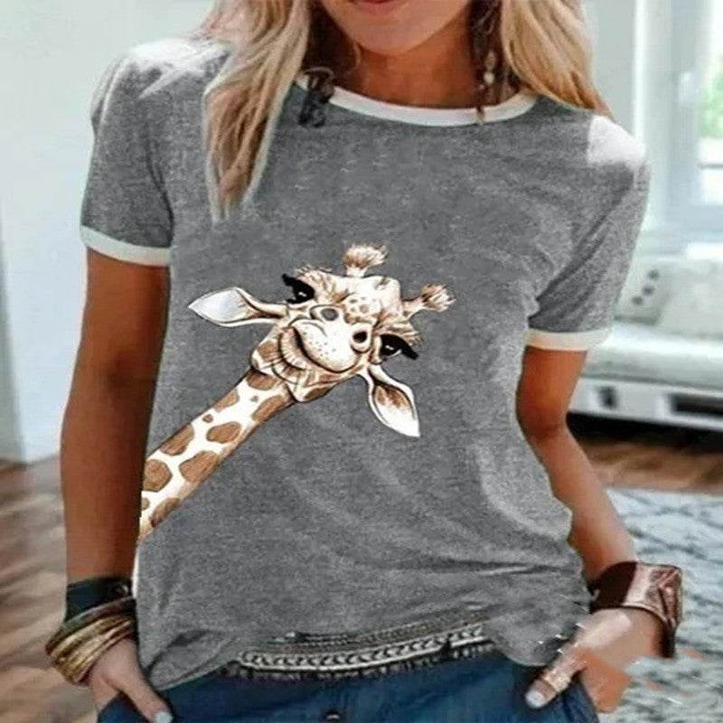 T-shirt ras du cou à manches courtes et imprimé girafe, couleur unie, tendance européenne et américaine - Droxev