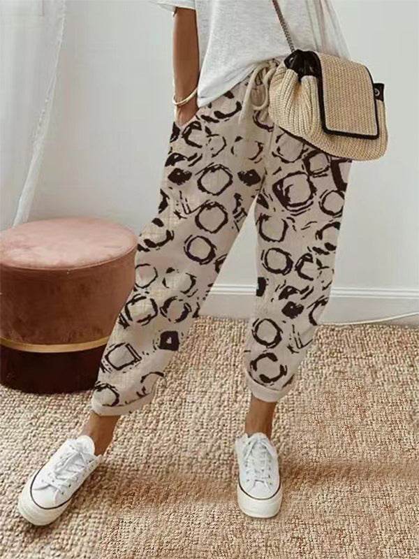 Pantalon court décontracté en coton et lin à taille élastique pour femme - Droxev