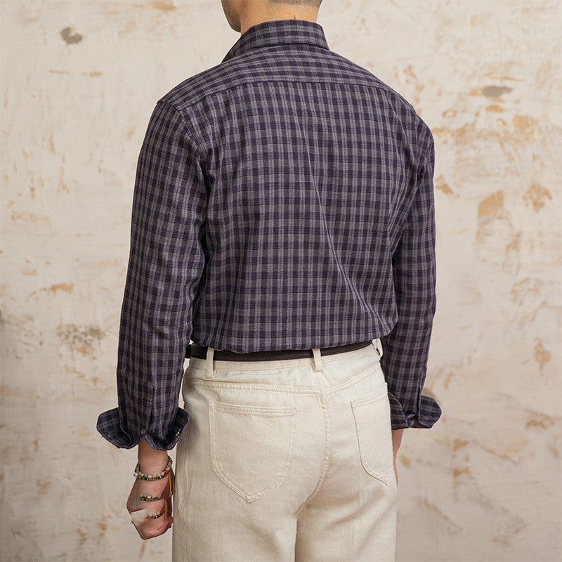 Chemise Vintage à Carreaux en Coton et Lin à Manches Longues pour Homme