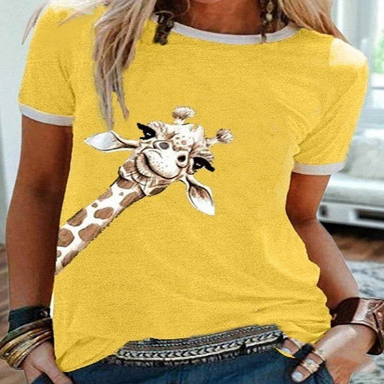 T-shirt ras du cou à manches courtes et imprimé girafe, couleur unie, tendance européenne et américaine - Droxev