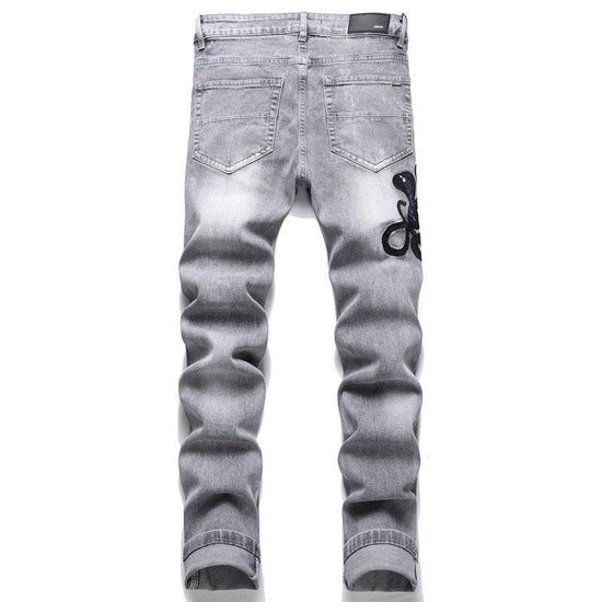 Jean extensible pour homme avec patch brodé Cobra gris tendance - Droxev