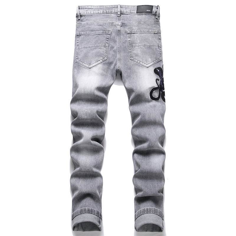 Jean extensible pour homme avec patch brodé Cobra gris tendance - Droxev
