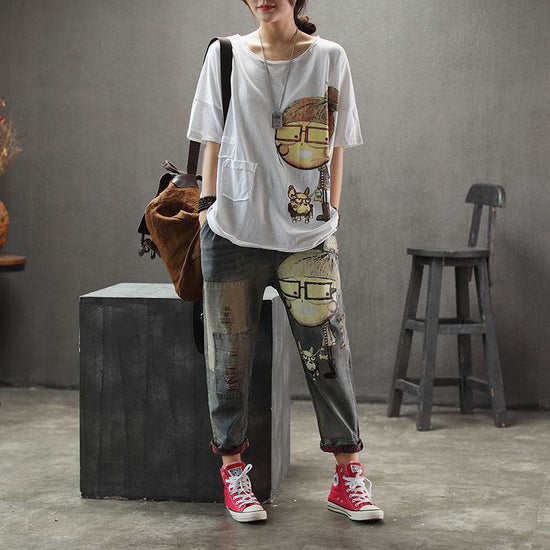 Jean imprimé vieilli pour femme Ninth Pants - Droxev