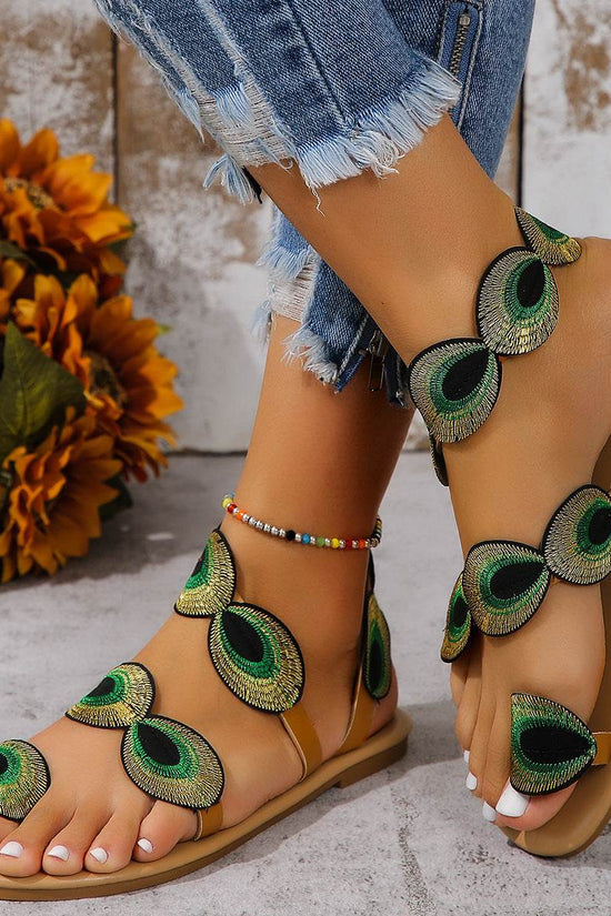 Sandales plates à motif paon brodé, chaussures de plage décontractées à clip pour femmes, pour les vacances d'été - Droxev