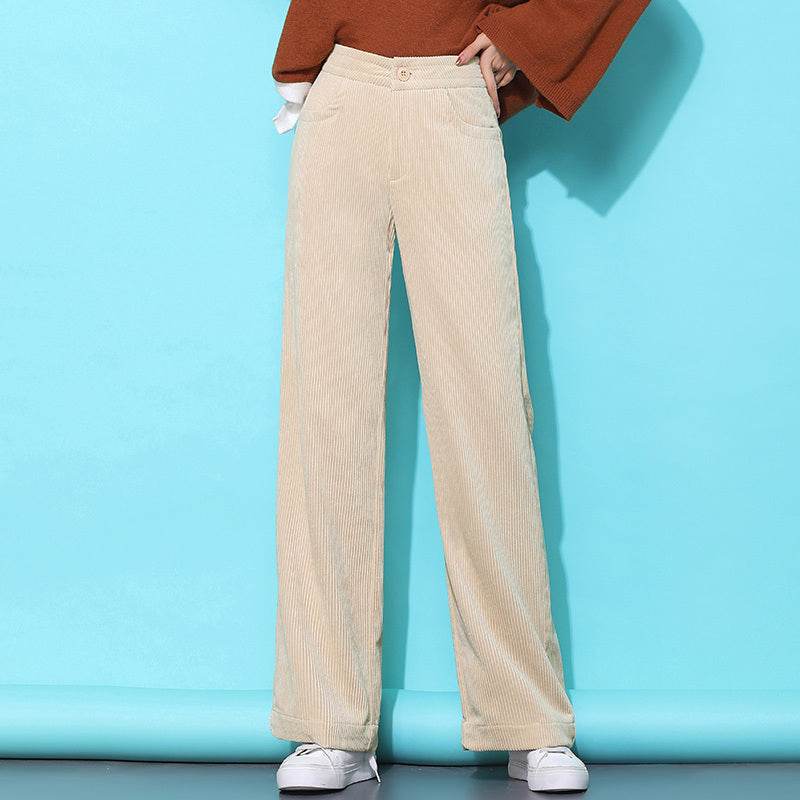 Pantalon ample décontracté en velours côtelé taille haute à jambes larges - Droxev