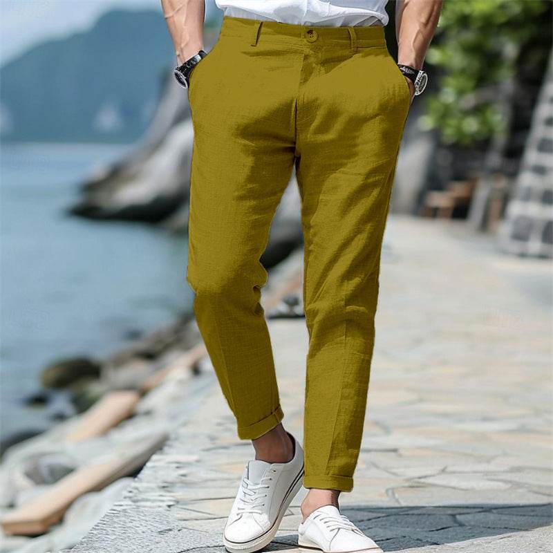 Pantalon d'été en lin pour homme, coupe droite, boutonné sur le devant, poches obliques - Droxev