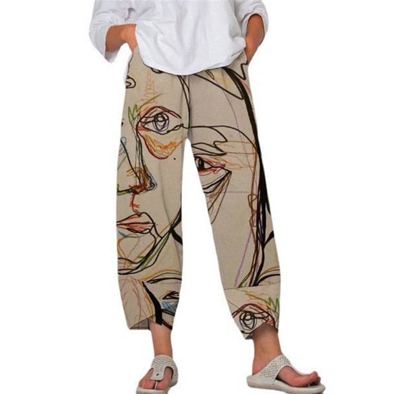 Pantalon gris taille haute à coutures imprimées, pantalon court ample - Droxev