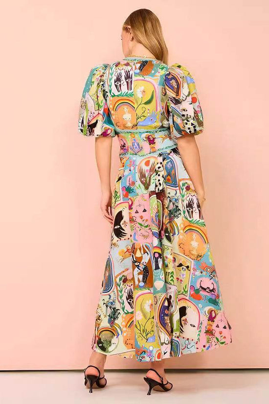 Robe décontractée en coton et lin imprimé pour femme, col en V, ourlet large - Droxev