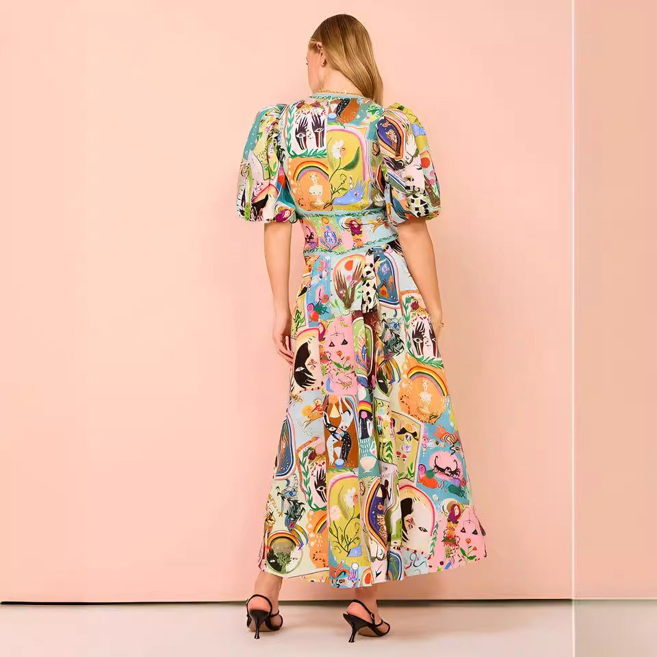 Robe décontractée en coton et lin imprimé pour femme, col en V, ourlet large