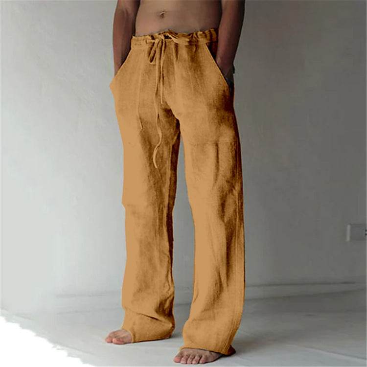 Pantalon décontracté ample en coton et lin de couleur unie avec cordon de serrage - Droxev
