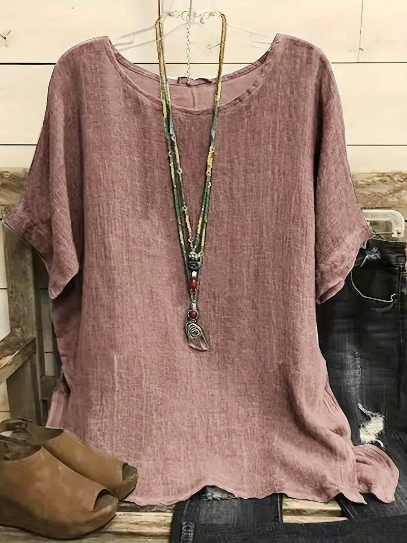 Chemises décontractées à manches 3/4 et col rond pour femmes, couleur unie, hauts amples d'été, streetwear - Droxev