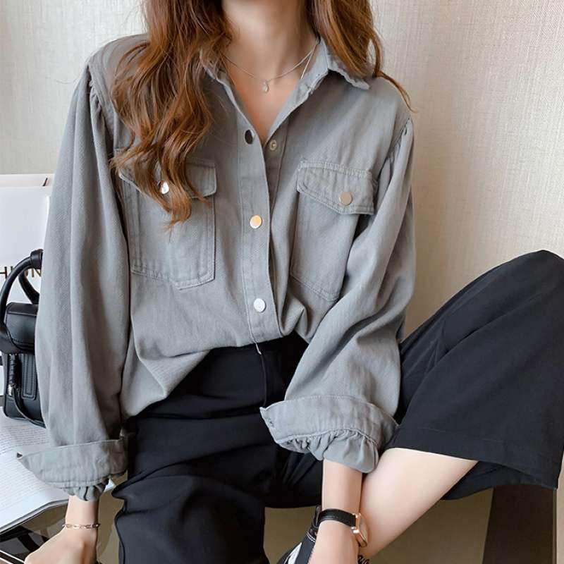 Chemisiers et chemises pour femmes, poches, manches longues, mode coréenne unie, printemps - Droxev