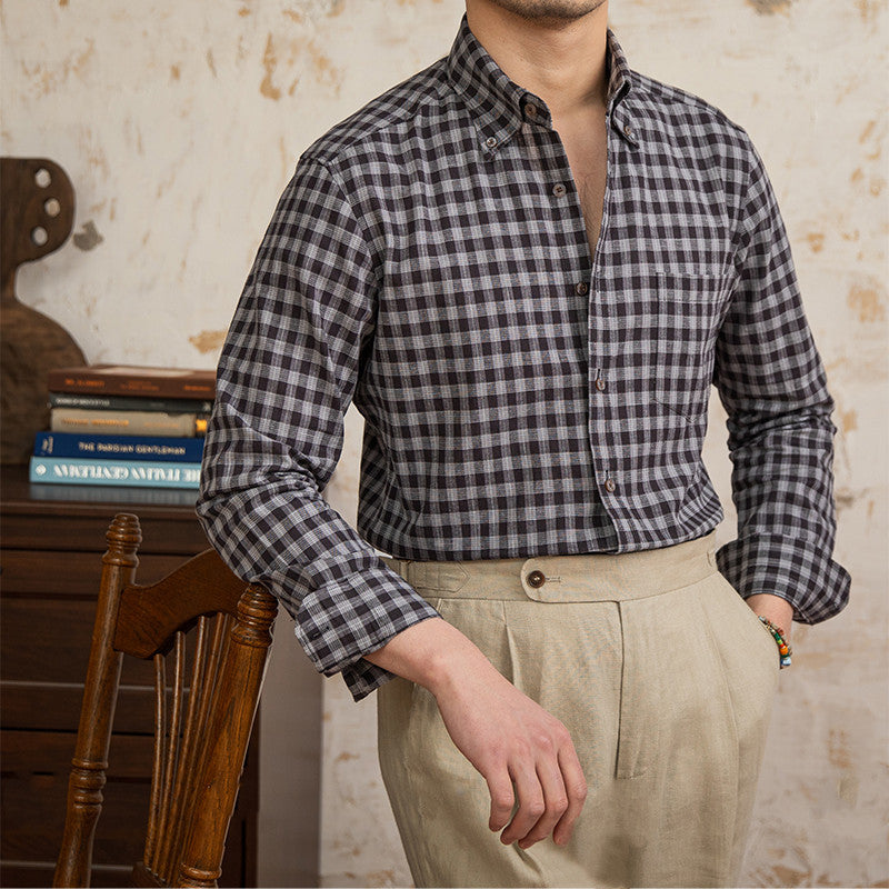 Chemise Vintage à Carreaux en Coton et Lin à Manches Longues pour Homme