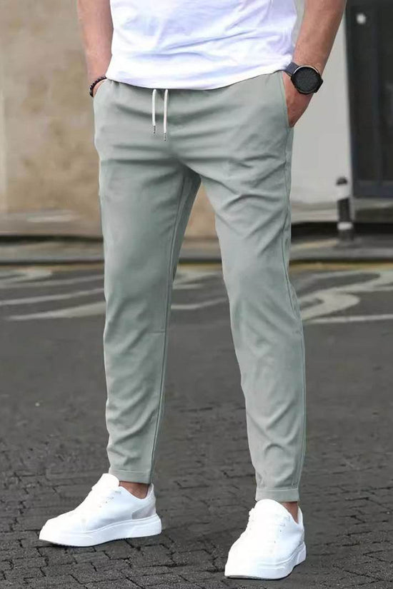 Pantalon court décontracté coupe slim avec étiquette en cuir, couleur unie - Droxev