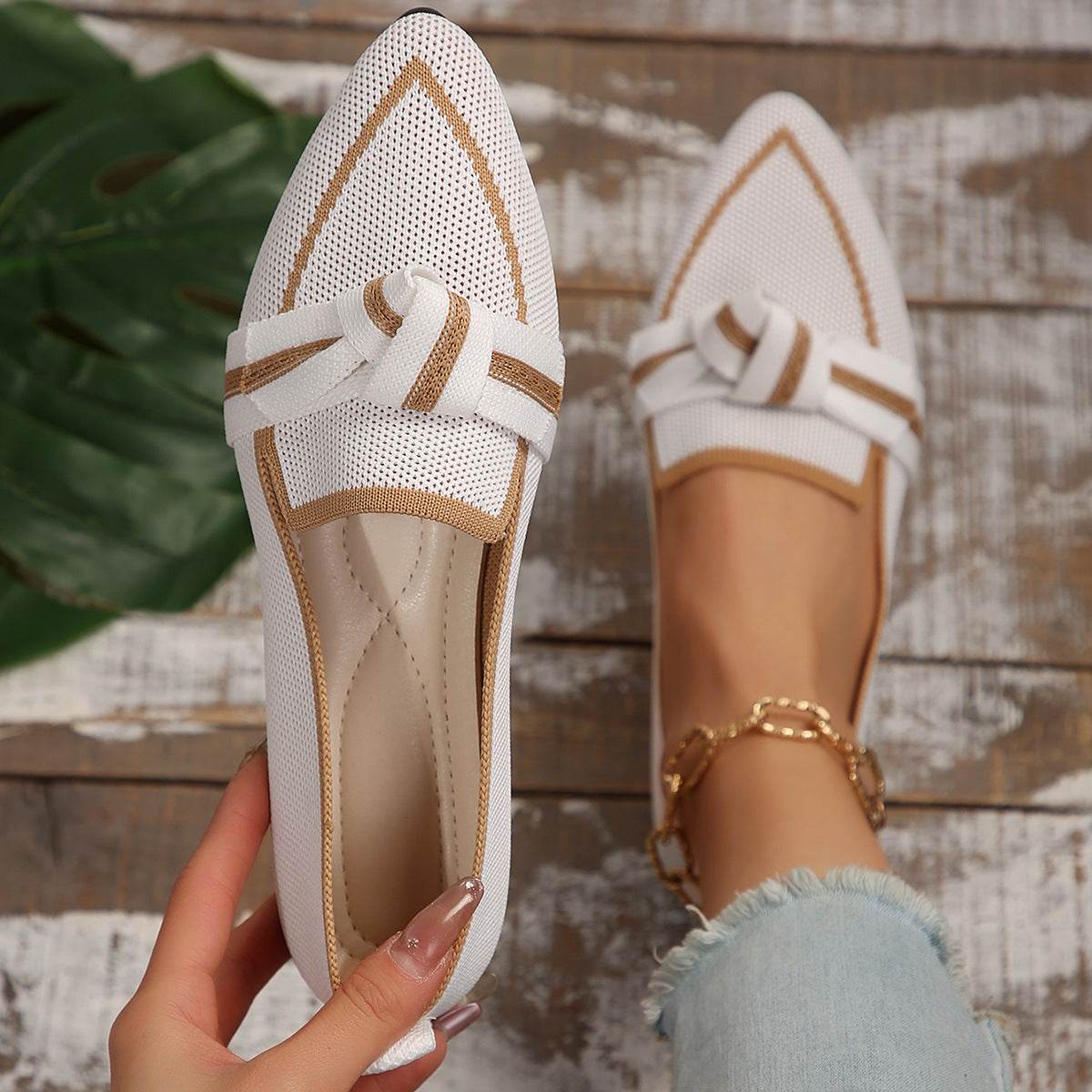 Chaussures plates tendance à bout pointu et nœud pour femmes, tissées et respirantes, idéales pour l'été - Droxev