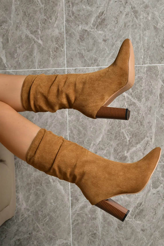Bottes Longues en Suède à Talons Bloc Pointus