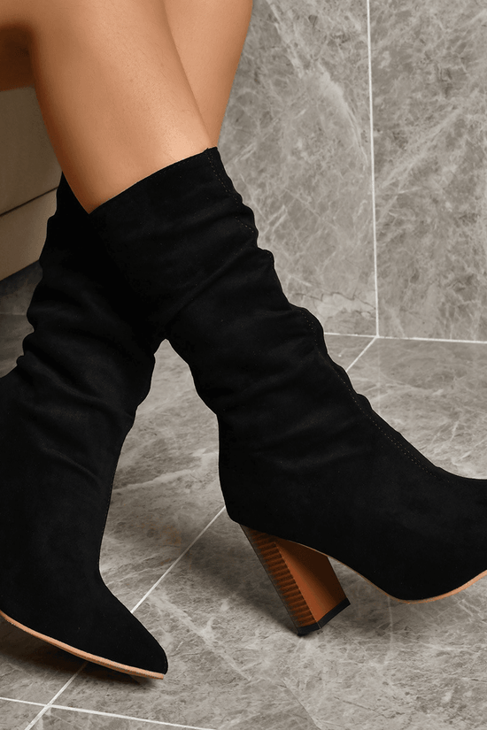 Bottes Longues en Suède à Talons Bloc Pointus