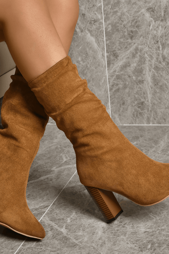 Bottes Longues en Suède à Talons Bloc Pointus