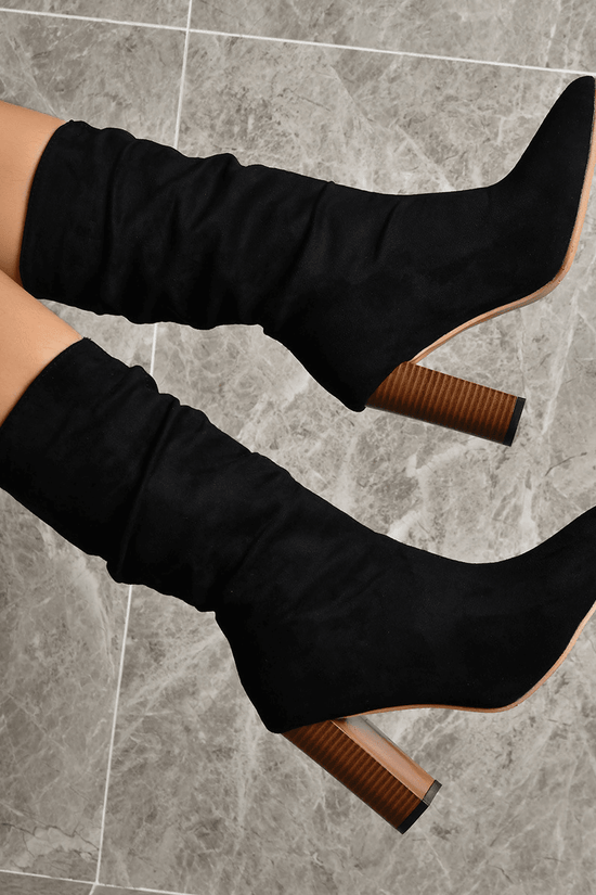 Bottes Longues en Suède à Talons Bloc Pointus